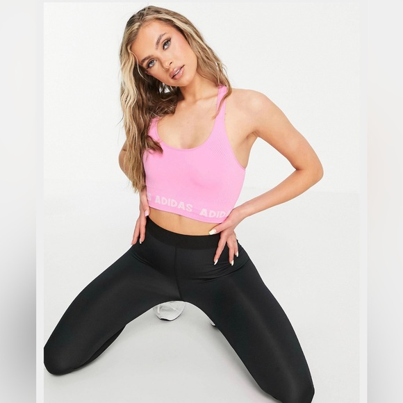 adidas Training aeroknit logo 7/8 leggings and bra in bright pink - Picture 8 of 9